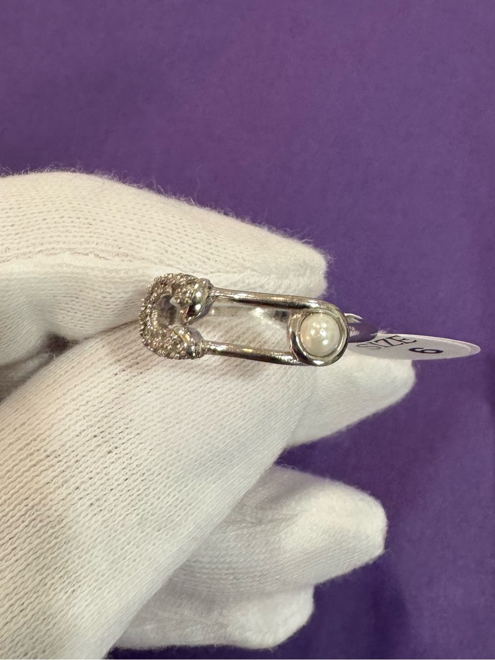 Melinda Maria Silver Safety Pin Ring with Simulated Pearl- 6
